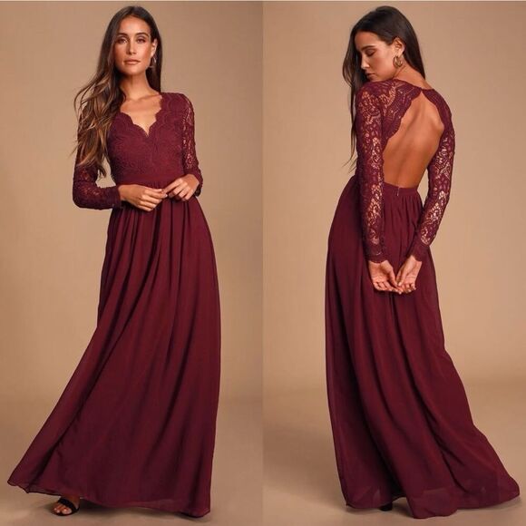 Lulus Awaken My Love Burgundy Long Sleeve Lace Maxi Dress Size Small - Picture 7 of 7